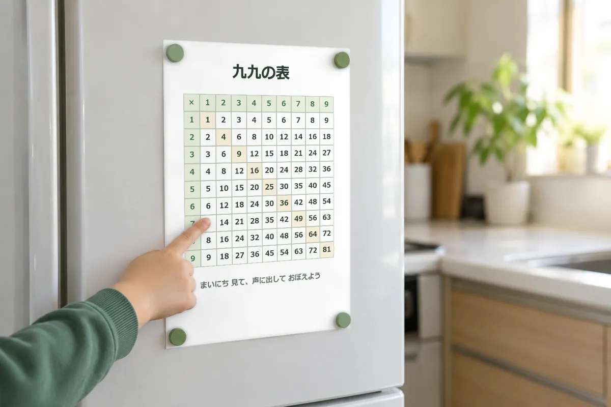 冷蔵庫にマグネットで貼った九九表を、子どもが指さしている