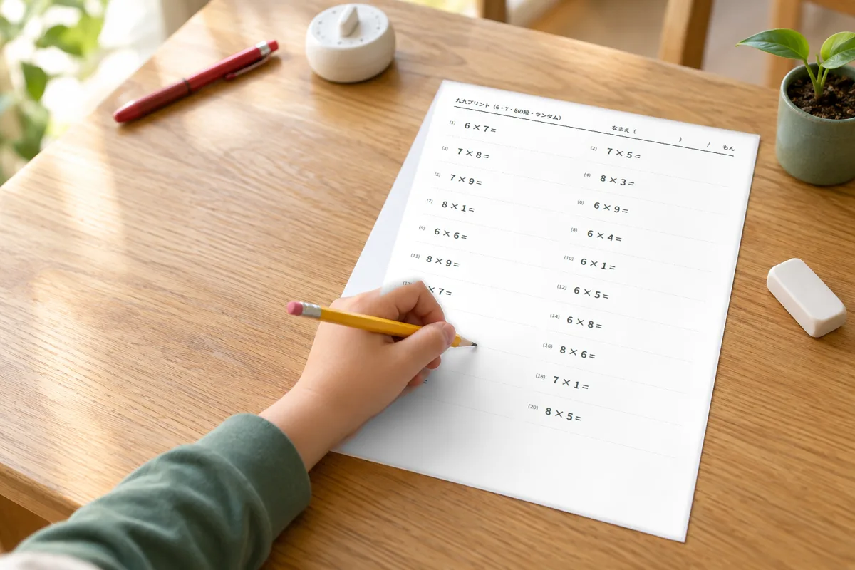 木のテーブルで、九九プリント（6・7・8の段）を鉛筆で解いている子どもの手元